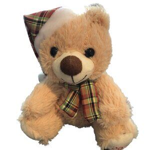Tom's Toy Int’l Tan Teddy Bear 2021 in Red on Bottom of Foot Plaid Hat/Scarf 7"